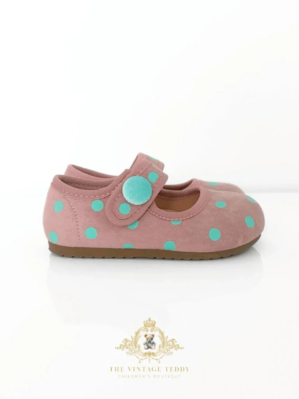 NWT Adorable Girls Flats Children's Shoes Kids Shoes Mauve & Aqua Polkadots 6.5